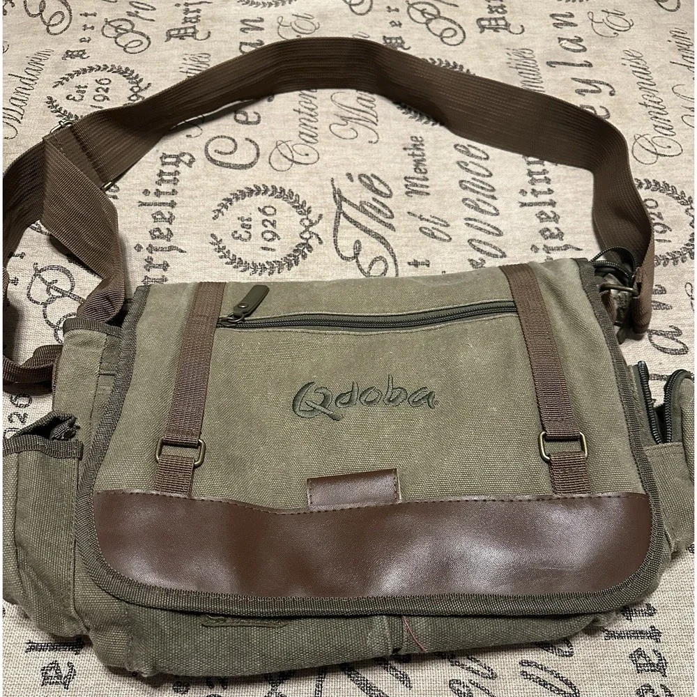 Sovrano Olive Canvas Messenger Bag Crossbody - Qdoba Logo'd